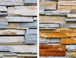 Split image showing a comparison between sealed and unsealed stone veneer surfaces, highlighting water beading on the sealed side and visible color variations.