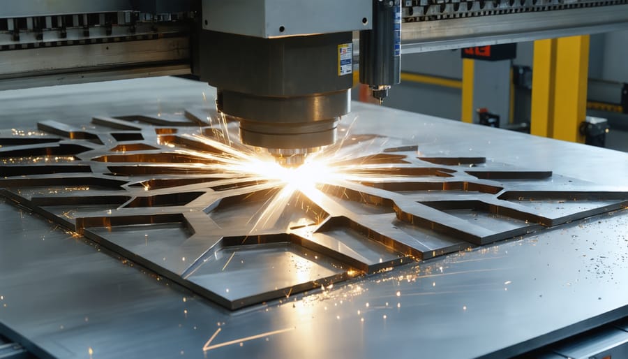 Artistic depiction of sheet metal fabrication techniques, showcasing a laser beam cutting through metal, a press brake forming a precise angle, and a CNC machine operating, symbolizing the fusion of traditional and modern methods in transforming raw metal.