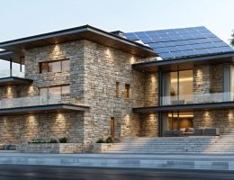 Traditional stone building facade with integrated smart technology and solar features, symbolizing the fusion of ancient craftsmanship and modern innovation.