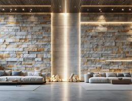 Split view of traditional stone wall next to a modern smart stone wall showcasing integrated LED lighting and smart controls, symbolizing the evolution of stone design.