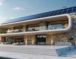 An artistic rendering of a contemporary building featuring natural stone cladding and integrated solar panels, showcasing the harmonious blend of traditional materials and modern renewable energy technology.