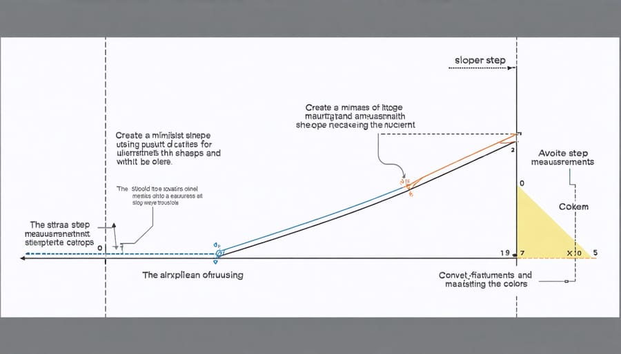 Technical diagram illustrating step rise and run measurements, slope angles, and layout dimensions