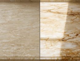 Split-screen image showing a polished and well-maintained natural stone countertop alongside a deteriorated and stained countertop, illustrating the importance of proper stone care.
