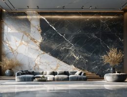"An impressive depiction of a wall showcasing different natural stone finishes, including polished, honed, leathered, and brushed textures, each uniquely interacting with light to transform architectural aesthetics."