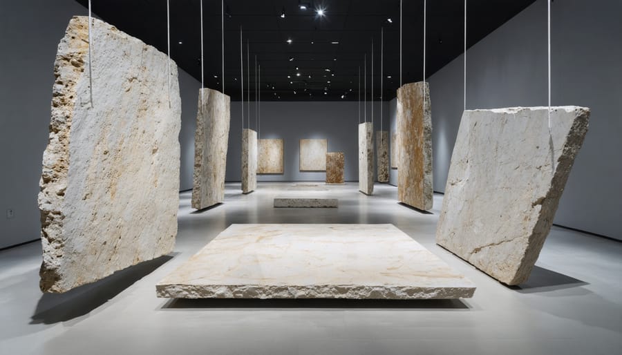 Installation art piece featuring floating natural stone slabs creating an immersive environment