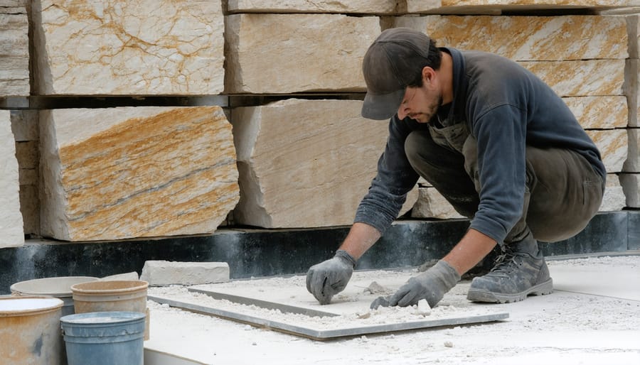 Behind-the-scenes view of installation artist working with stone materials and mounting systems