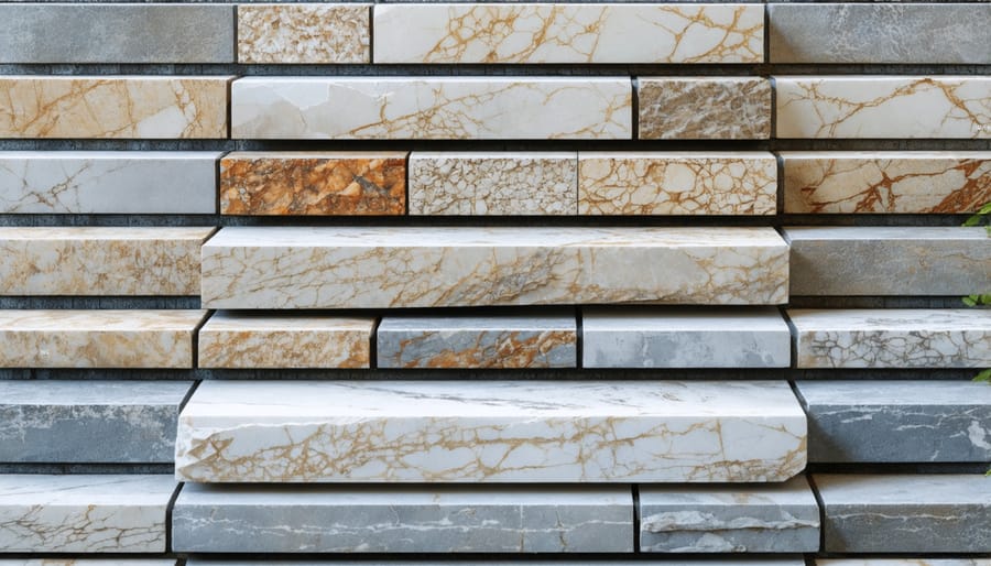 Display of natural stone varieties including granite, limestone, and flagstone suitable for outdoor steps