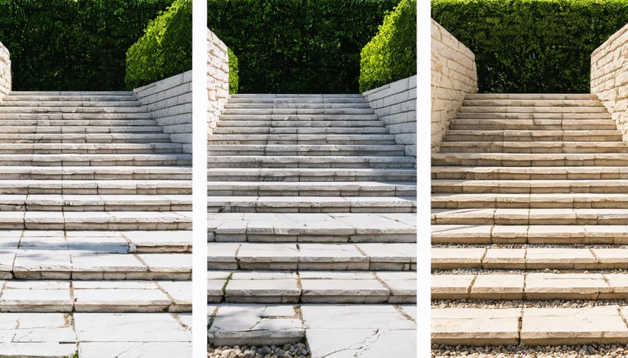 Construction sequence showing proper stone placement technique and leveling process for natural stone steps