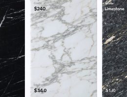Visual price comparison of marble, granite, and limestone samples with cost labels showcasing the diversity in natural stone selections and their price range.