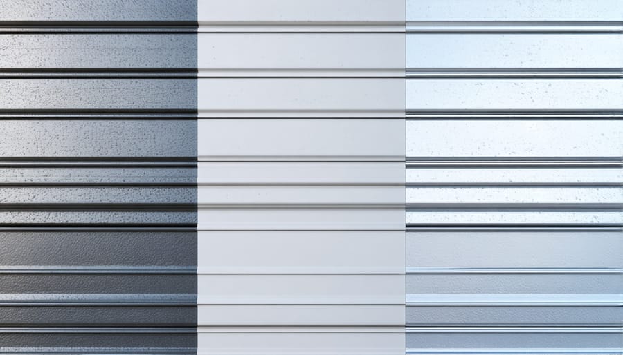 Comparison of three different sheet metal surface treatments showing distinct texture and color differences