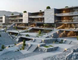 Conceptual image depicting the integration of modern sustainable architecture with natural stone quarry elements, showcasing the harmony between renewable materials and contemporary design.