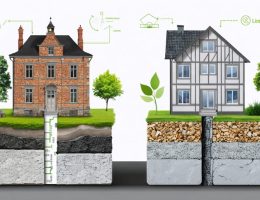 A juxtaposition of historic and modern buildings showcasing a cross-sectional view of their natural stone foundations, with visible layers of granite and limestone, emphasizing durability and sustainability.