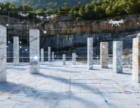 Conceptual illustration of a marble quarry, showcasing both traditional stone formations and modern drones performing 3D mapping with digital data overlays.