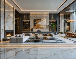 A sophisticated contemporary living room showing a marble fireplace, granite countertop, and limestone floor, each featuring distinct natural stone colors and textures illuminated by natural light.