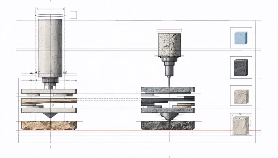 Technical illustration of 3D stone printer components and printing process