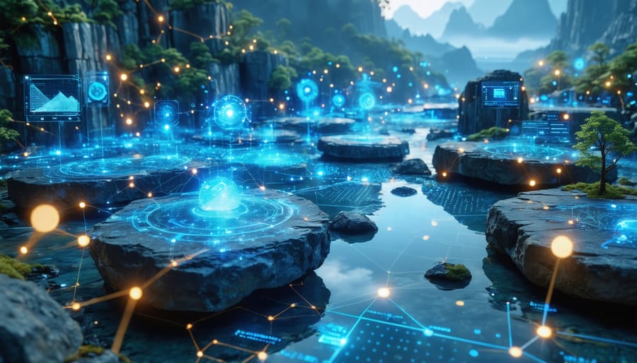 Intelligent sensor network embedded in natural stone structures with data overlays indicating real-time monitoring of environmental and structural factors to enhance safety.
