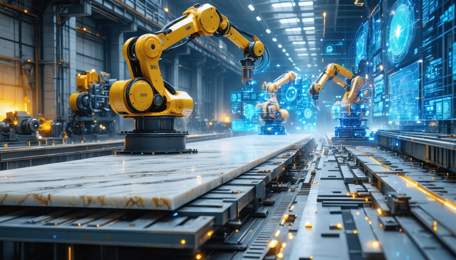 A modern stone processing plant featuring advanced robotic machinery and AI-controlled systems, with digital screens displaying real-time data analytics and optimization processes.