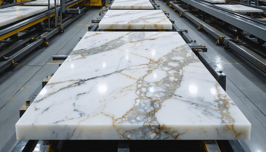 AI camera system scanning marble slabs on a production line, illustrating precision and automation in quality control for the natural stone industry.