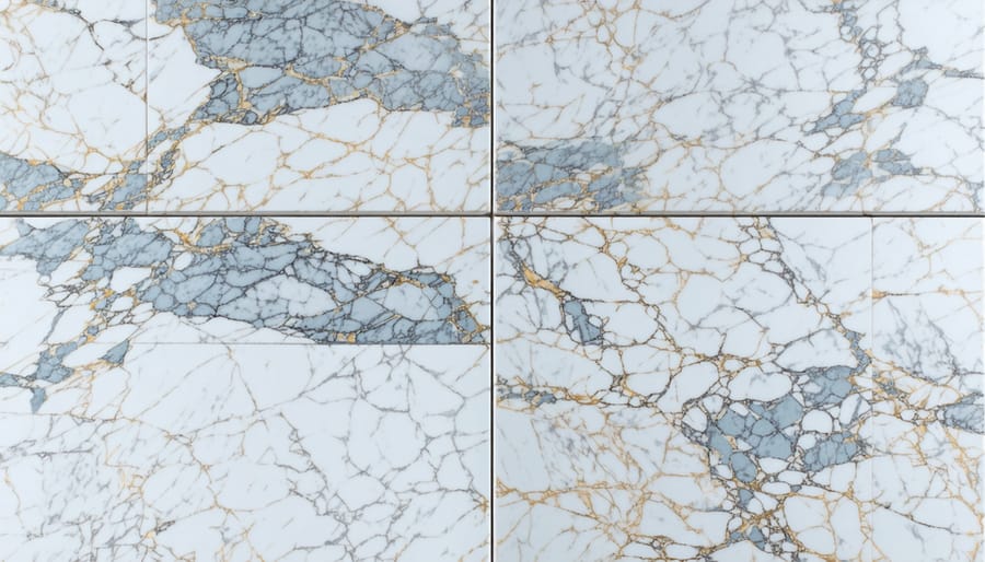 Computer vision system performing real-time quality inspection on marble surface with digital markers indicating detected flaws