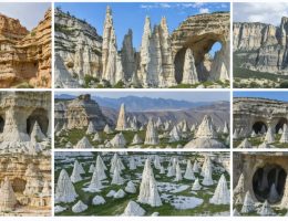 A captivating collection of diverse natural stone formations, including wind-carved arches, limestone caves, basalt columns, and wave-shaped cliffs, illustrating the grandeur of Earth's artistic geological processes.