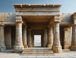 Illustration of an ancient Zoroastrian fire temple showcasing intricate stone architecture with celestial carvings, emphasizing harmonious integration with natural surroundings.
