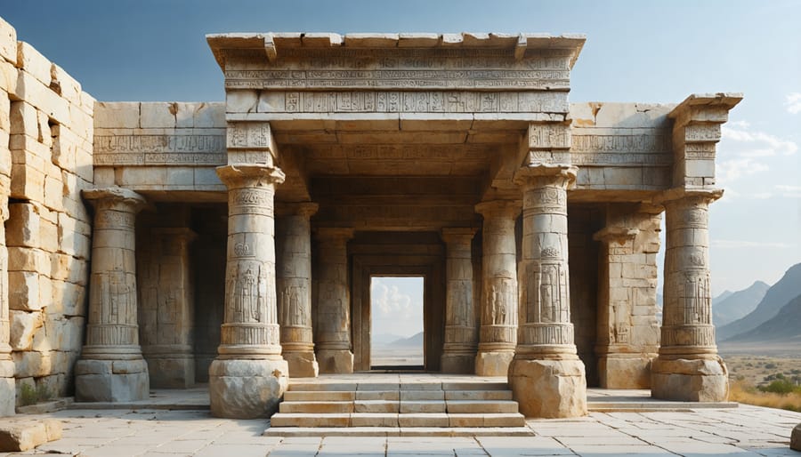 Illustration of an ancient Zoroastrian fire temple showcasing intricate stone architecture with celestial carvings, emphasizing harmonious integration with natural surroundings.