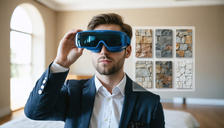 Professional using augmented reality technology to preview various stone designs in a residential space