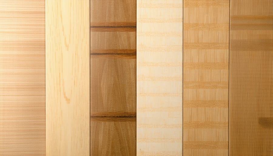 Different styles and finishes of bamboo flooring including strand-woven, vertical, and horizontal grain patterns