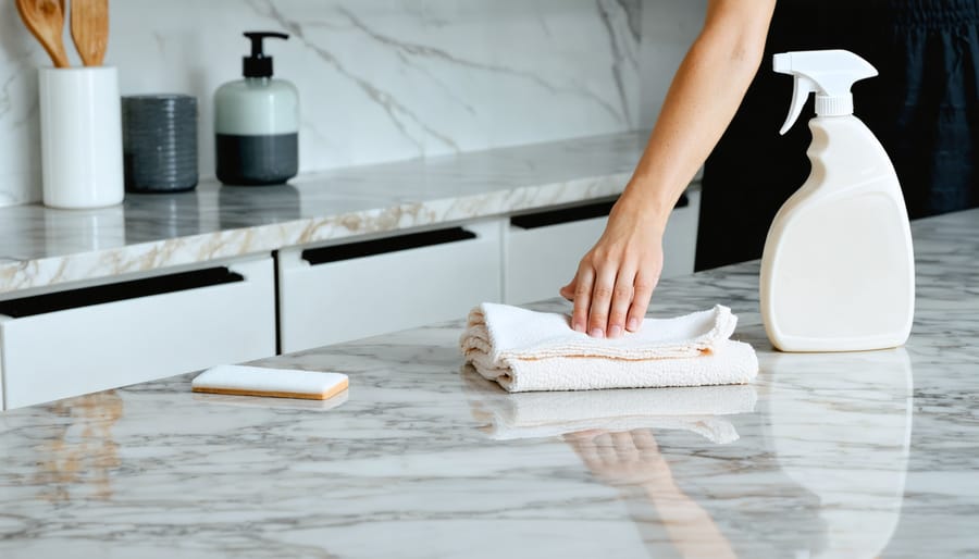 A clean Carrara marble countertop being gently wiped with a microfiber cloth, surrounded by pH-neutral cleaning products and tools, illustrating the proper maintenance of marble surfaces.