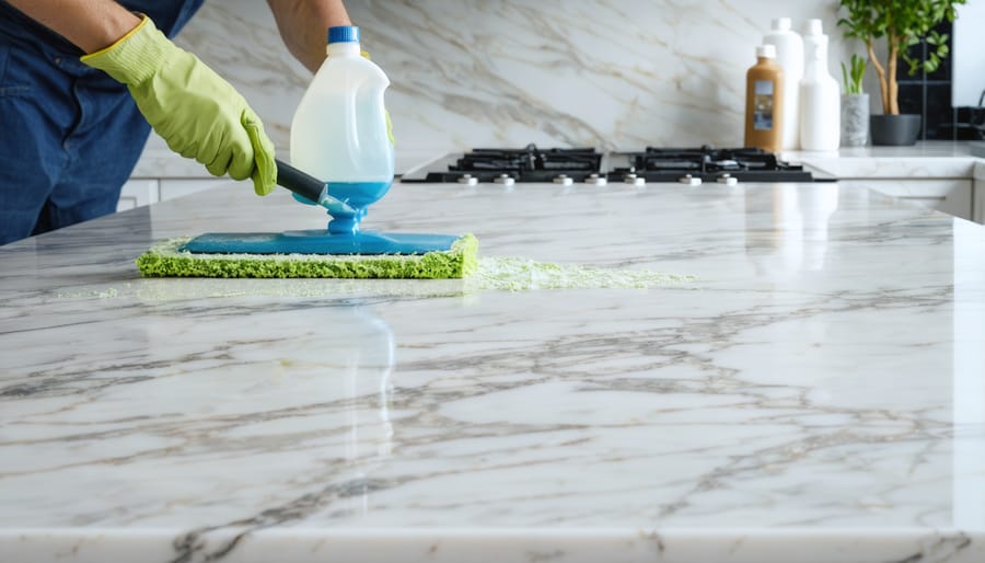 Demonstration of proper cleaning technique on a white Carrara marble countertop using approved cleaning supplies