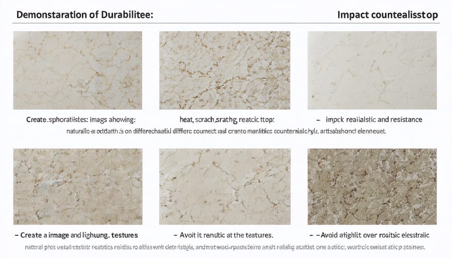 Laboratory testing of countertop materials displaying various durability experiments