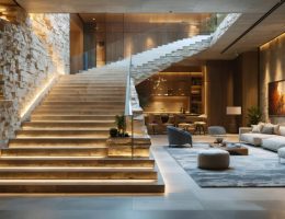Conceptual image of a modern interior featuring a floating stone staircase illuminated by LED lighting, showcasing the transformative potential of creative natural stone applications.