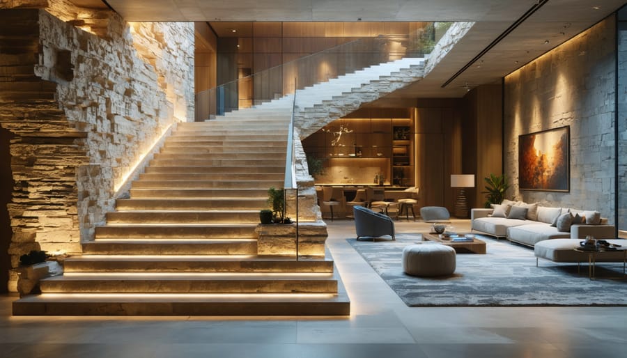 Conceptual image of a modern interior featuring a floating stone staircase illuminated by LED lighting, showcasing the transformative potential of creative natural stone applications.