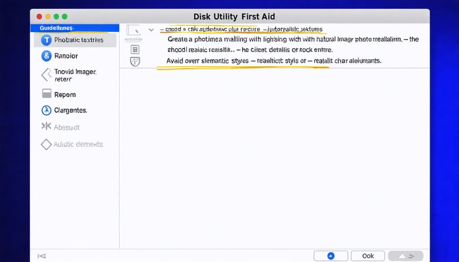 MacOS Disk Utility interface with First Aid button and repair progress indicator