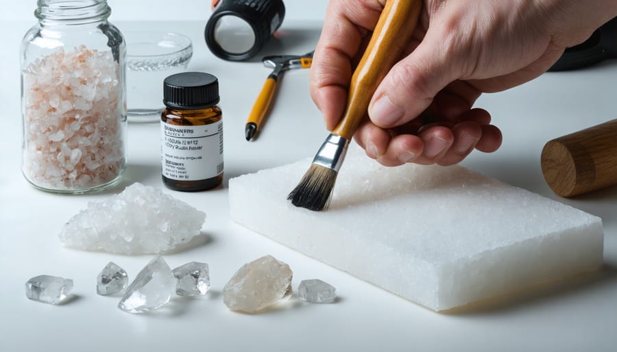 Tools and materials needed for DIY quartz repair including epoxy, sandpaper, and cleaning supplies