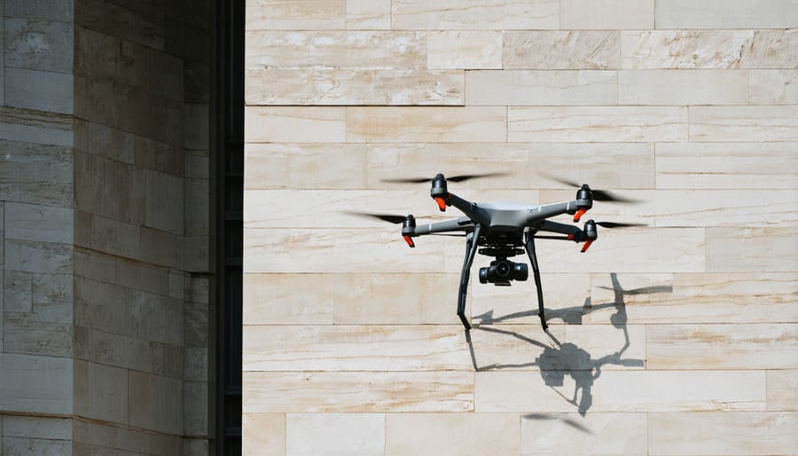 Autonomous drone inspecting building facade with augmented reality display highlighting potential safety issues