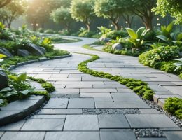 Visionary urban scene featuring eco-bio stone pavements surrounded by greenery; microscopic illustration of microorganisms interacting with paving emphasizes sustainability.