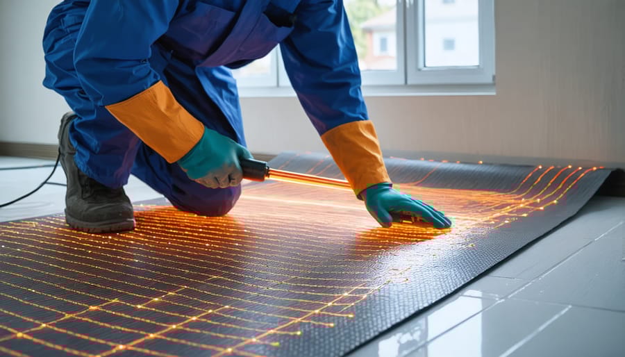 Installation technician carefully laying electric heating mats on prepared subfloor surface