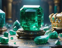 A polished emerald stone set amidst a juxtaposition of ancient Egyptian artifacts and a modern luxury interior, symbolizing the blend of historical significance and contemporary elegance.