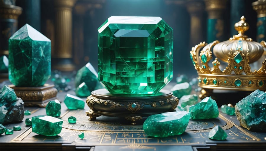 A polished emerald stone set amidst a juxtaposition of ancient Egyptian artifacts and a modern luxury interior, symbolizing the blend of historical significance and contemporary elegance.