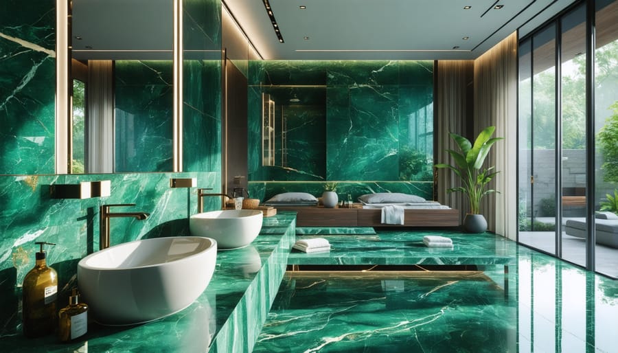 Contemporary bathroom design with emerald stone surfaces and gold fixtures