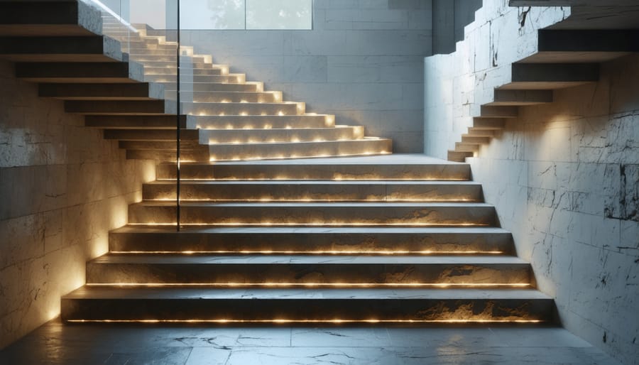 Modern cantilevered stone stairs with illuminated treads and glass railing