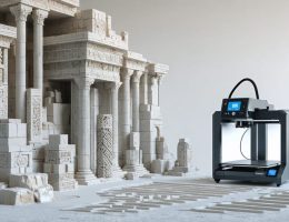 A conceptual illustration of traditional stone sculptures seamlessly blending with advanced 3D printing technology, depicting intricate geometric patterns emerging from a 3D printer.