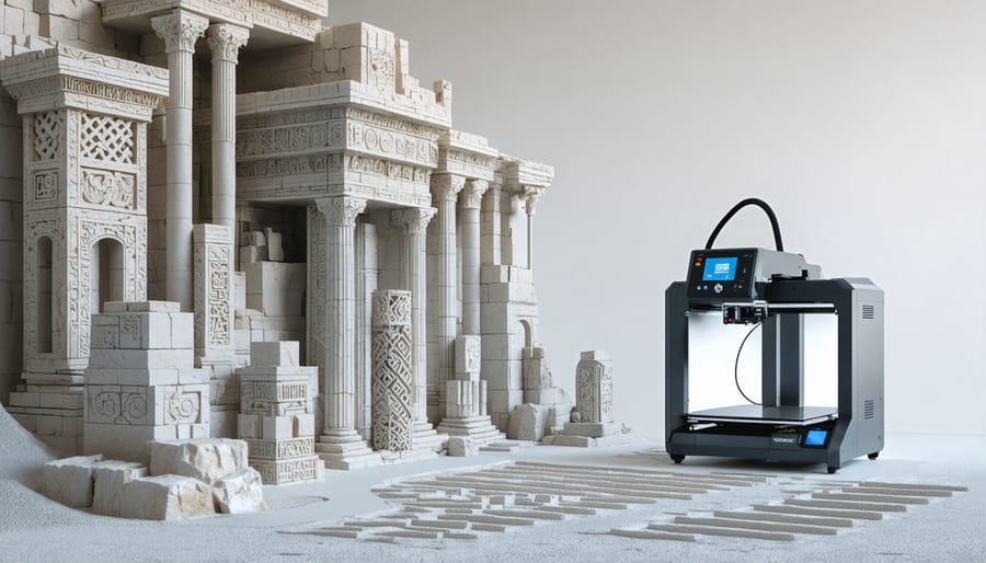 A conceptual illustration of traditional stone sculptures seamlessly blending with advanced 3D printing technology, depicting intricate geometric patterns emerging from a 3D printer.