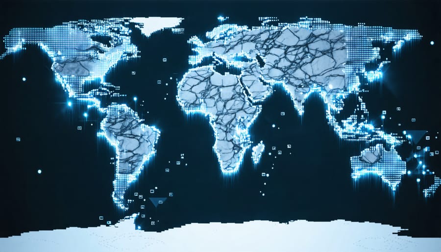 Conceptual representation of the global natural stone supply network showcasing quarries, shipping routes, and stone textures, emphasizing sustainable practices and technological advancements.