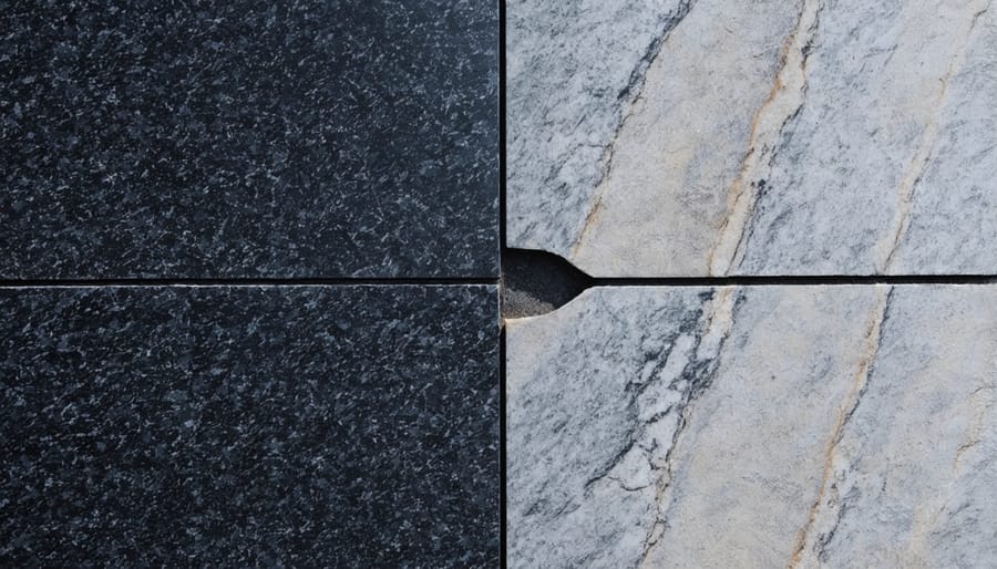 Detailed view of granite seam being epoxied and clamped during installation