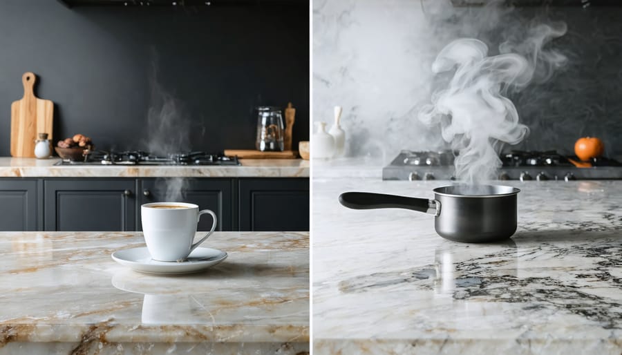 Split image displaying an engineered quartz and natural granite kitchen countertop, demonstrating their resistance to spills and heat.