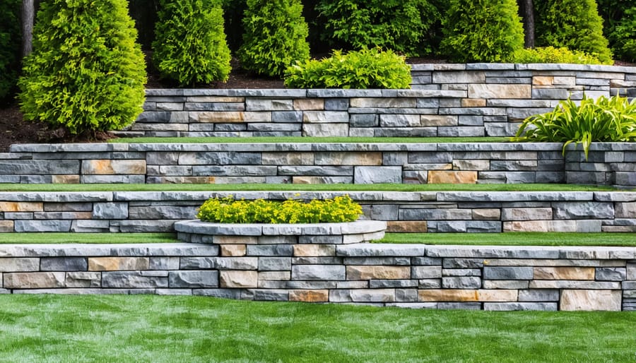 Terraced natural stone retaining wall with flowering plants and landscape lighting