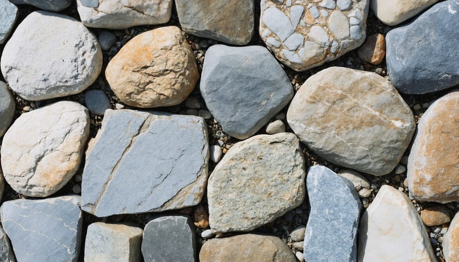 Display of various natural stone types suitable for pathway construction