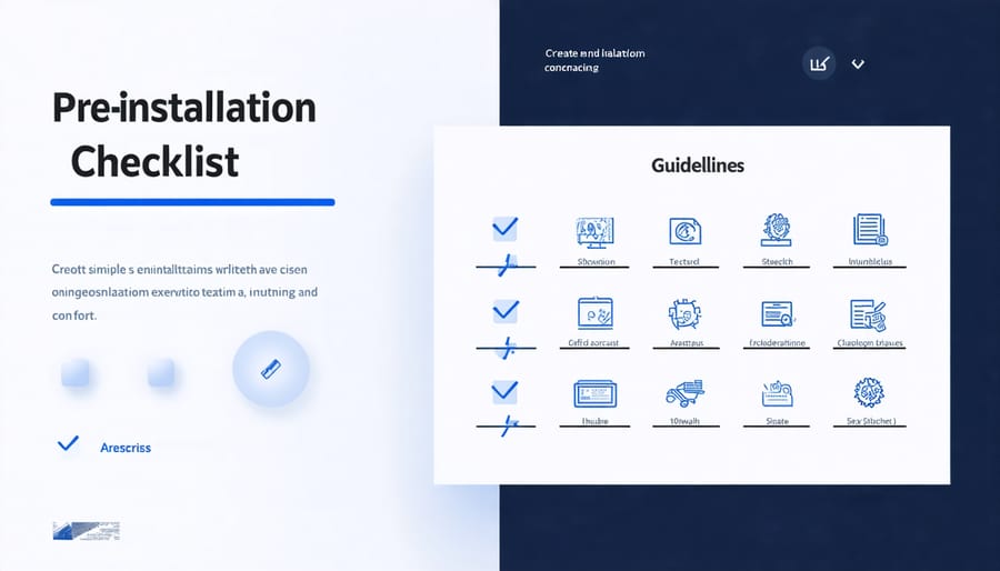 Visual checklist of MacOS installation preparation steps including backup, storage check, and compatibility verification